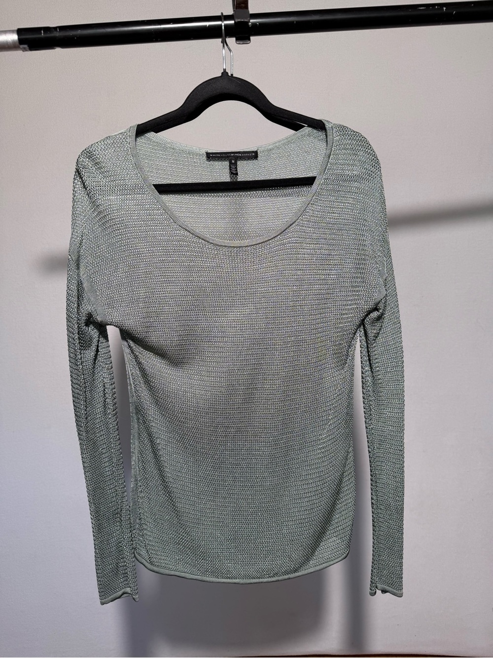 White House Black Market Sage Green Open-Knit Long Sleeve Scoop Neck Top